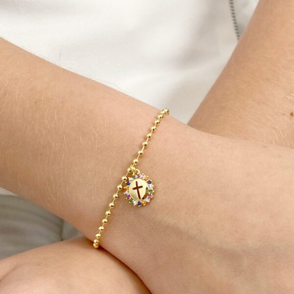 Pulseira Bolinha Bolinha Crucifixo Cravejado Banhado em Ouro 18k