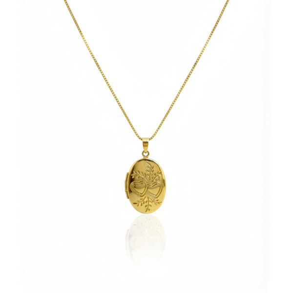Colar Relicario Oval com Corações Banhado em Ouro 18k