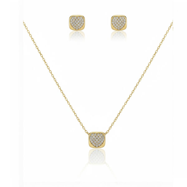 Conjunto Quadradinho Coração Cravejado Banhado em Ouro 18k