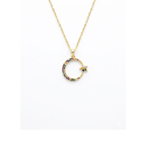 Colar Mandala Lua Estrela Cravejado Banhado em Ouro 18k