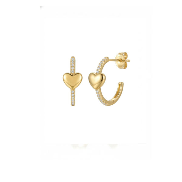 Brinco Meia Argola Coração Cravejado Banhado em Ouro 18k