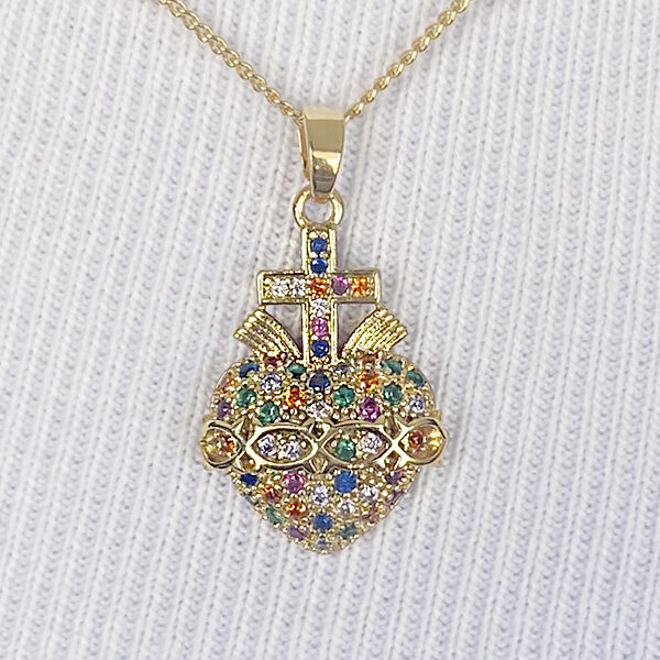 Colar Sagrado Coração Cravejado Banhado em Ouro 18K