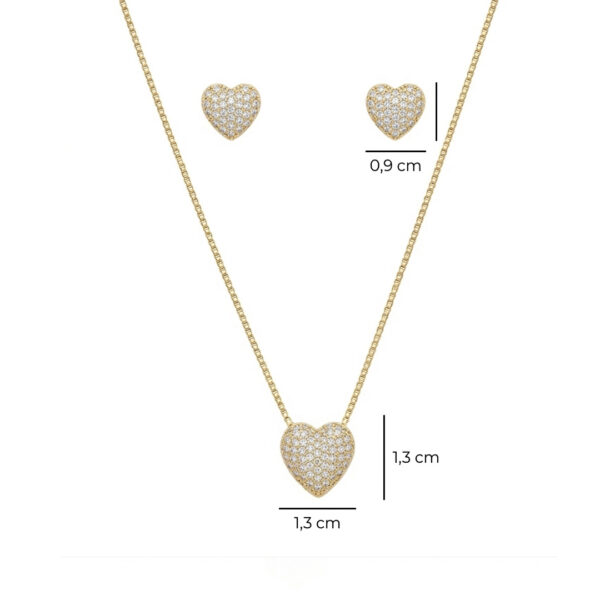 Conjunto coração microcravejado banhado ouro 18k premium atacado