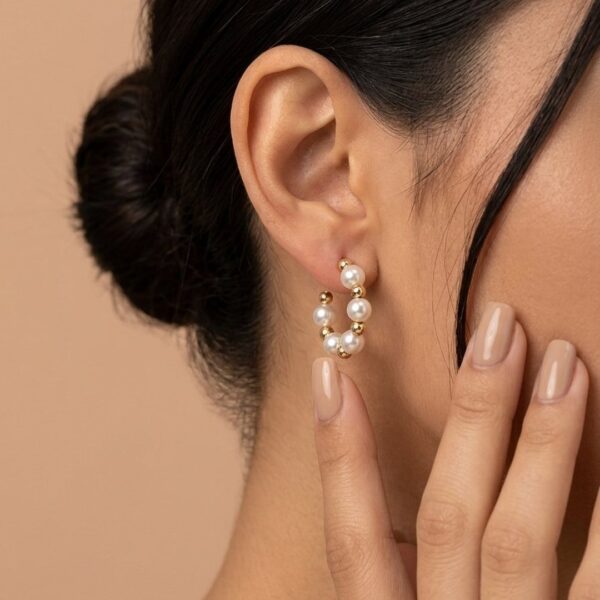 Brinco argola pérola esfera banhado ouro 18k
