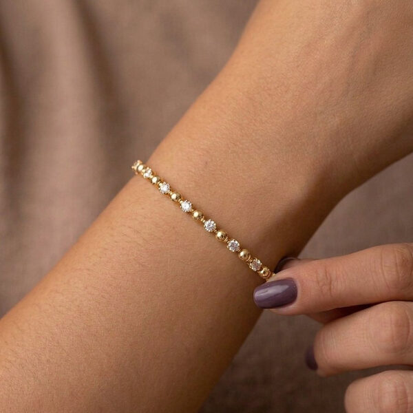 Bracelete Riviera Quadradinho Esfera Cravejado Banhado em Ouro 18k
