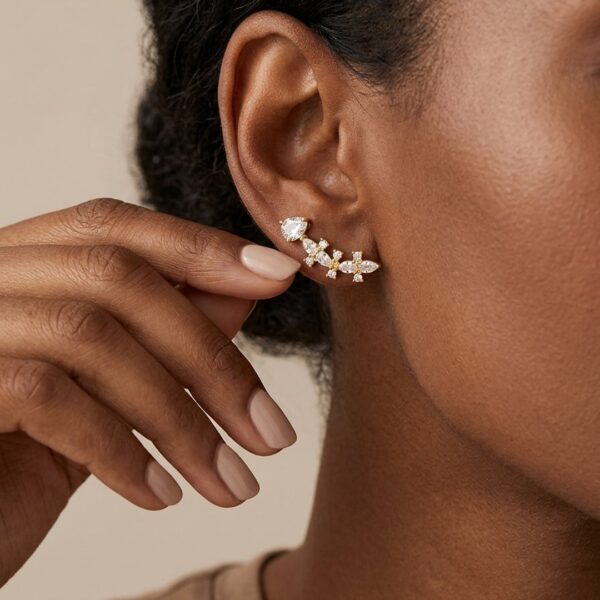 Brinco Earcuff Gota Trabalhado Cravejado Banhado em Ouro 18k