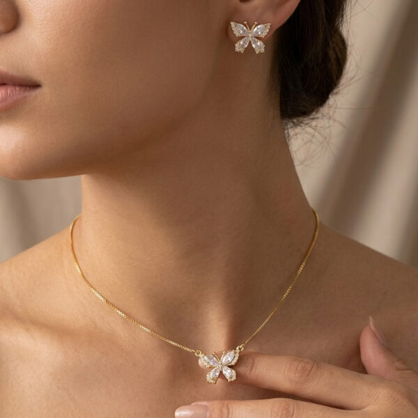 Conjunto borboleta cravejado banhado ouro 18k premium atacado