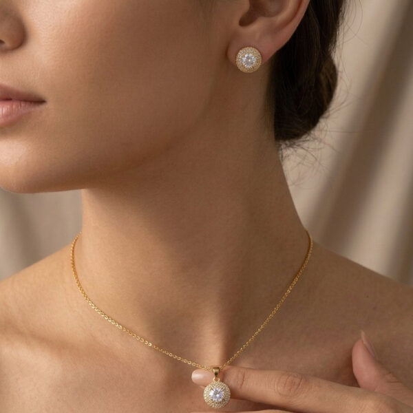 Conjunto mandala trabalhado cravejado banhado em ouro 18k com anel, brinco e colar