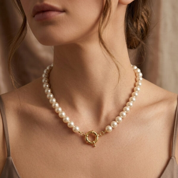 Choker pérola shell 10mm banhado ouro 18k