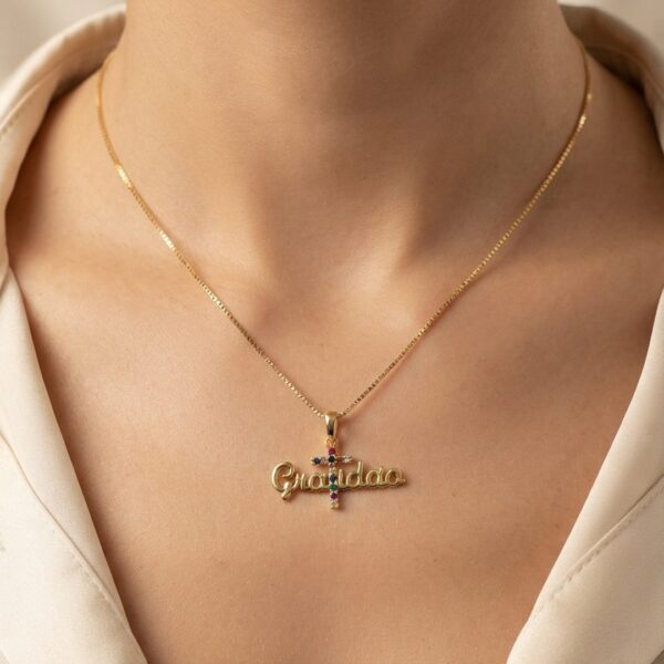 Colar gratidão cravejada banhado ouro 18k premium atacado